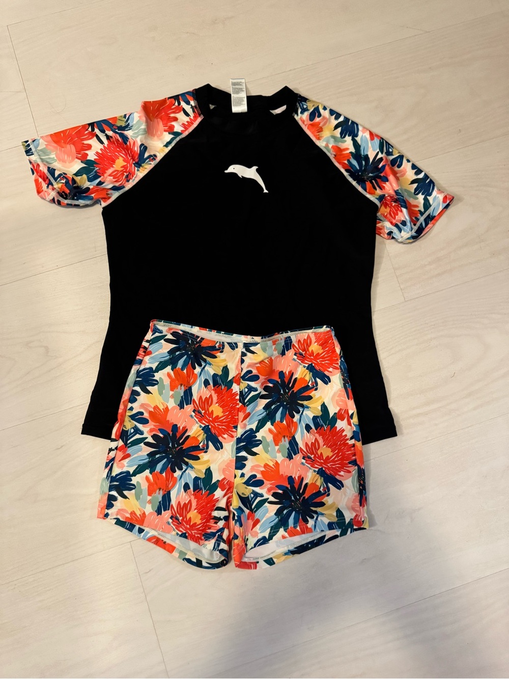 Teen Floral Rash Guard Set - Black Top with Coral Floral Shorts